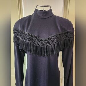 Vintage All That Jazz Black Fringe Long Sleeve Dress Size 8, Western, Cowgirl